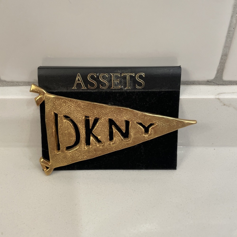 Vintage DKNY Donna Karan Brooch Pin Flag Goldtone Matte Statement 1990s